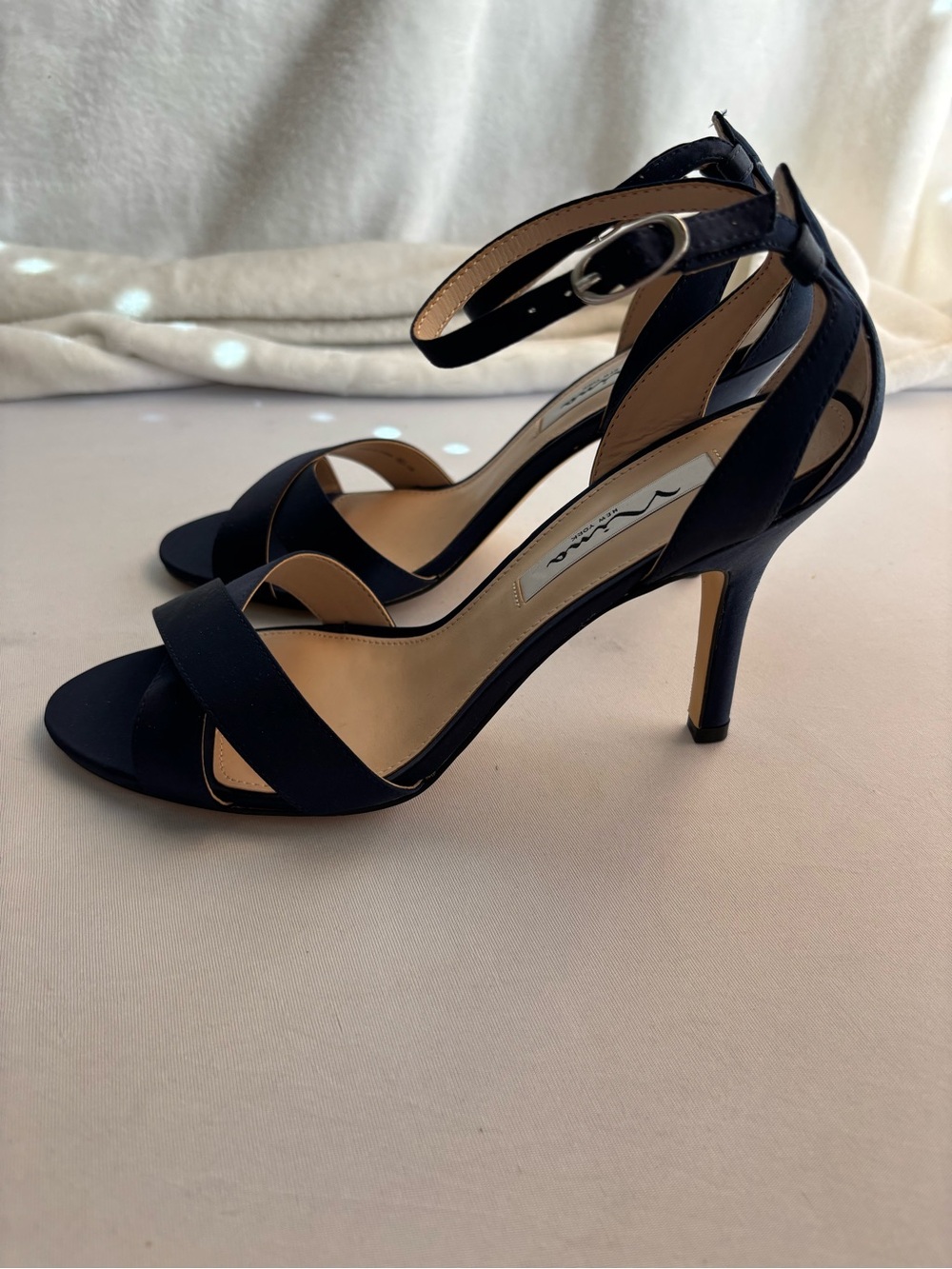 Nina Venus Satin Heeled Sandals with Ankle Strap in Navy Blue Luster Size 8.5